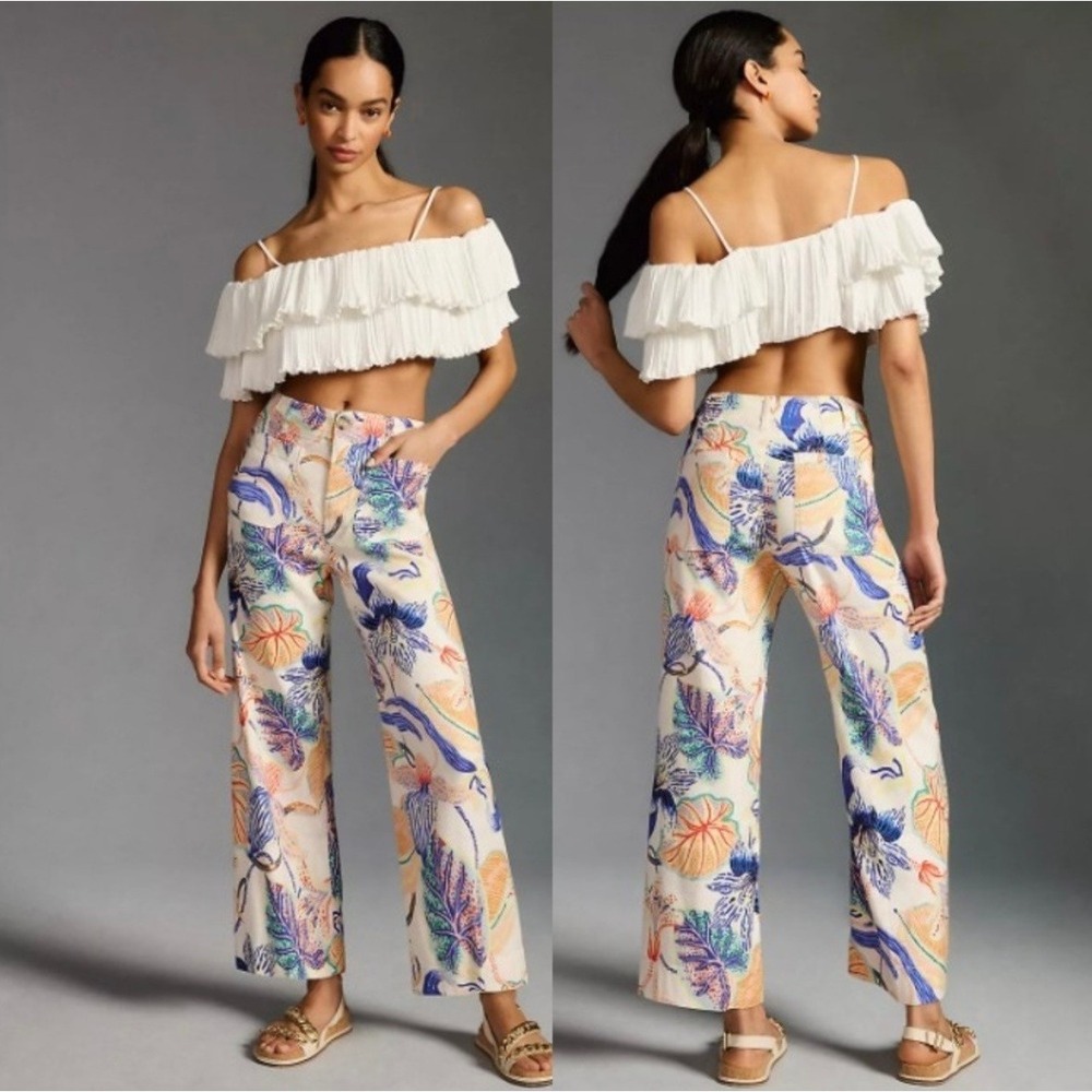 Anthropologie Maeve Sarah Gordon Colette Ankle Cropped Linen Wide Leg Pants 29